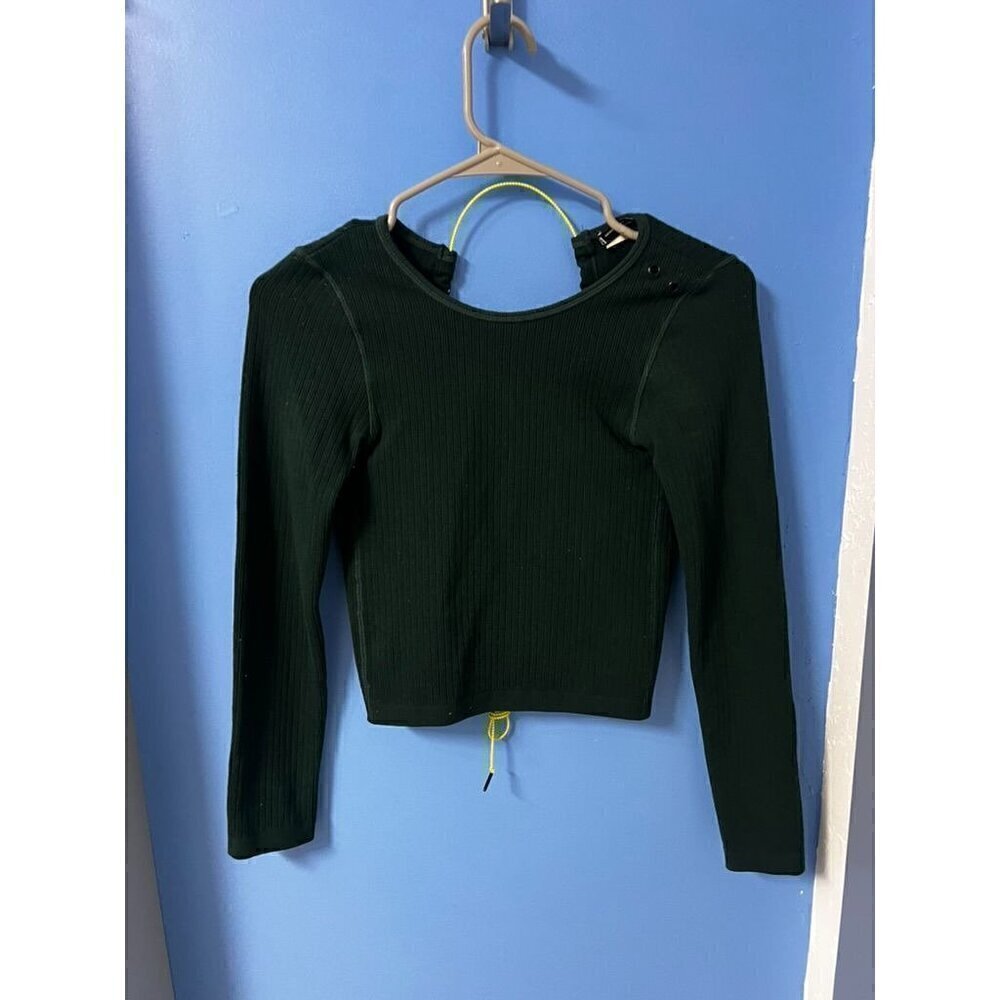 Zara Dark Green Long-Sleeve Ribbed Knit Crop Top, Open Back, Tie Detail, Gorpcor